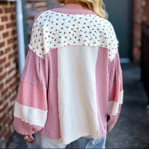 POL Womens Oversized Quilted Floral Patchwork Top SZ S Pink Cottage Boho - Picture 14 of 14